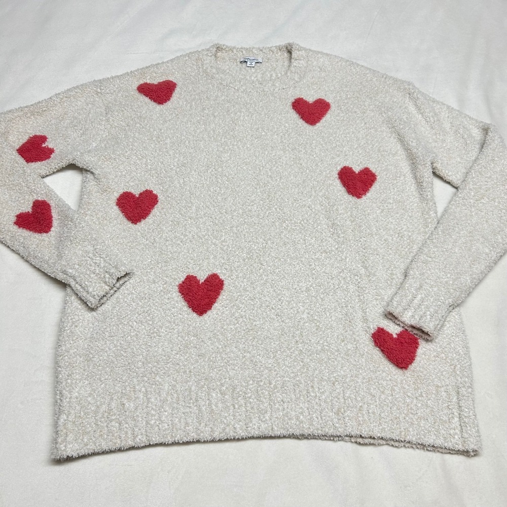 Splendid Women Cream Red Heart Popcorn Knit Sweater XS Long Sleeve
